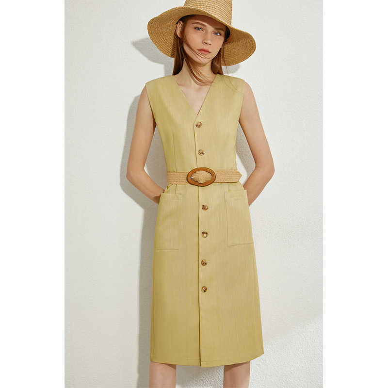 Summer Office Lady Sleeveless Dresses Elegant Solid Vneck Slim Single-breasted Fashion Female Dress 12040158 210527