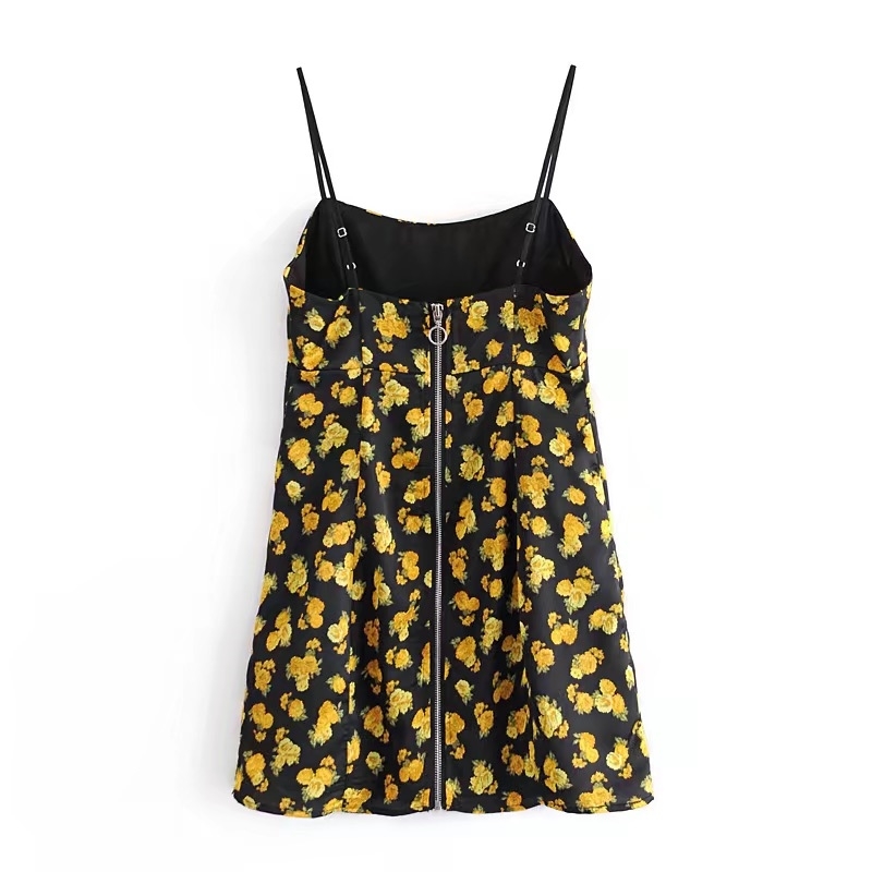 Women Sexy French Daisy Flower Spaghetti Strap Mini Dress Lady Slim fit Back Zipper Bodycon Sling Party 210429