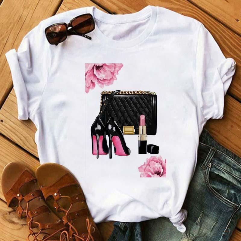 Women's T-Shirt Maycaur Pink High Heels wers Bag Print T Shirt Women Trendy Hipster Haruk Kawaii Short Sleeves Tops Tee Femme Clothes