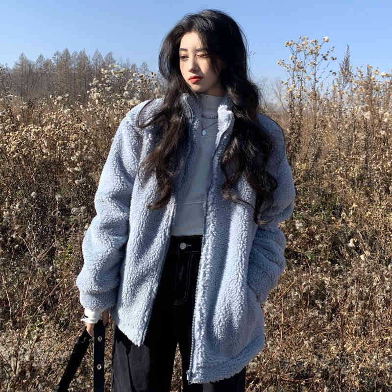 3 colors autumn and winter korean style stand collar solid color lamb wool thick warm coats and jackets womens (C2956) 210423