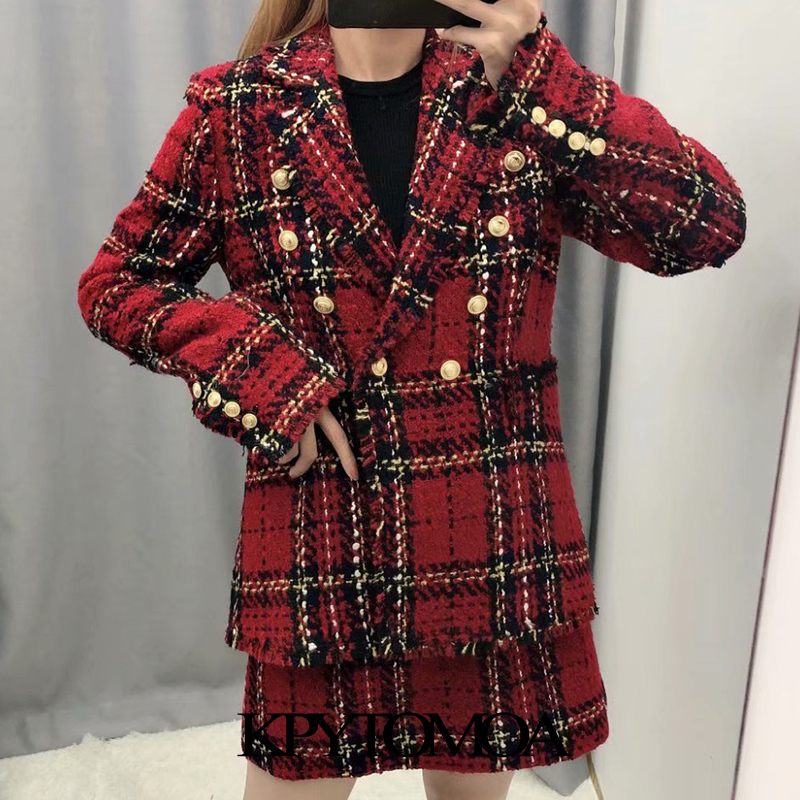 Women Fashion Double Breasted Tweed Check Blazer Coat Long Sleeve Frayed Tassel Female Outwear Chic Tops 210420