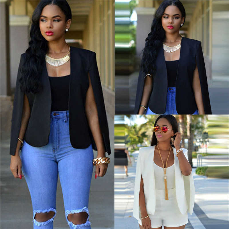 2019 Special Offer Women Elegant Solid Open Front Cape Sleeve Blazers OL White Black Streetwear Modern Ladies Outdoor Coat New X0721