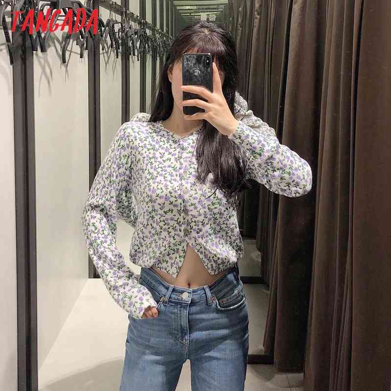 Women Spring Floral Jacquard Cropped Knitted Cardigan Jumper Vintage Long Sleeve Female Outerwear Chic Tops BE485 210416
