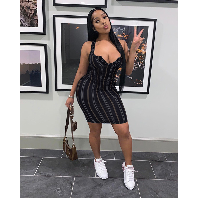 Women Summer Cause Dress Designer Fashion Sexy V-neck Casual Simple Striped Printed Sleeveless Vest Short Skirt