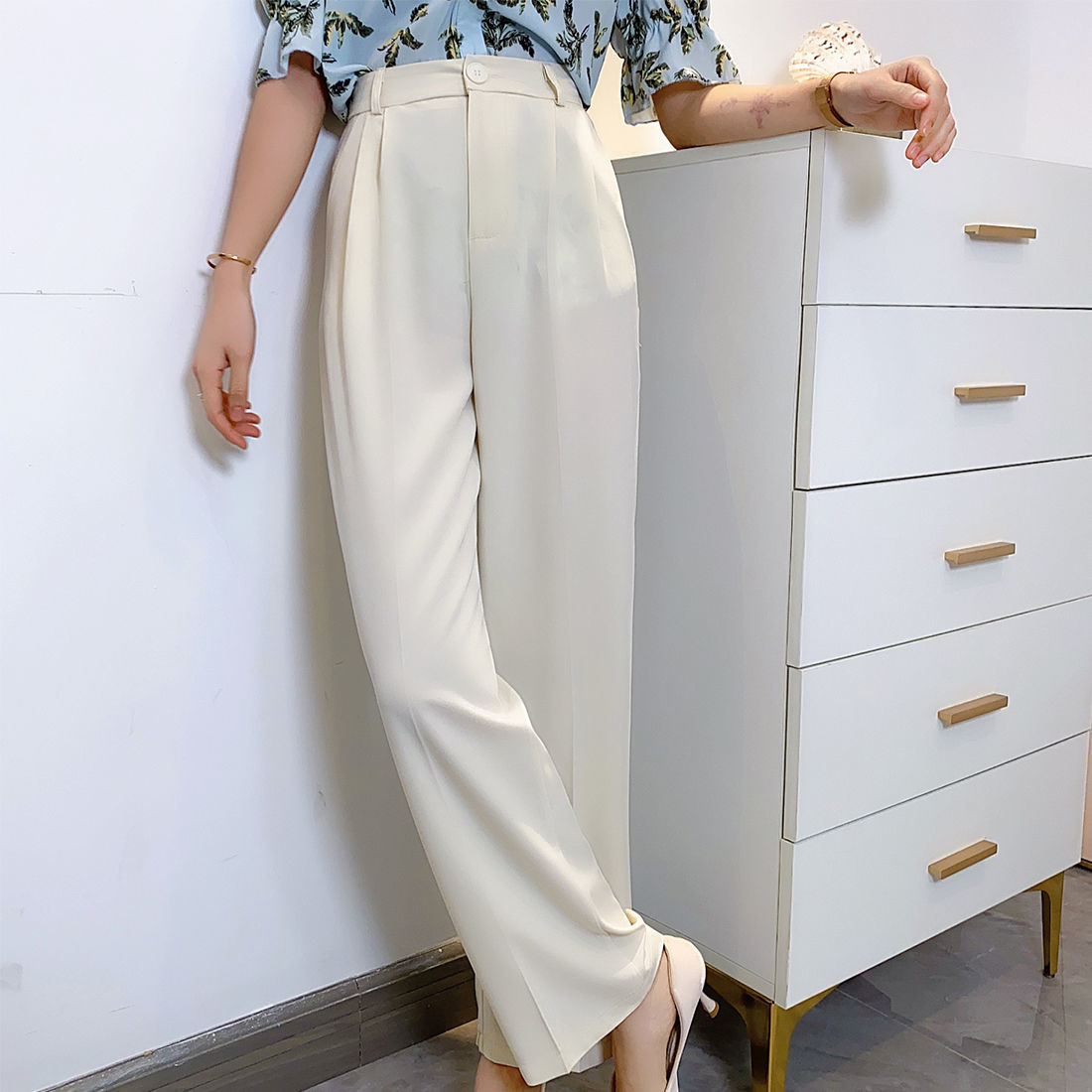 Women Summer Elegant Long Pants Vintage High Waist Wide Leg Casual Korean Loose Straight Trousers Bottoms 210517