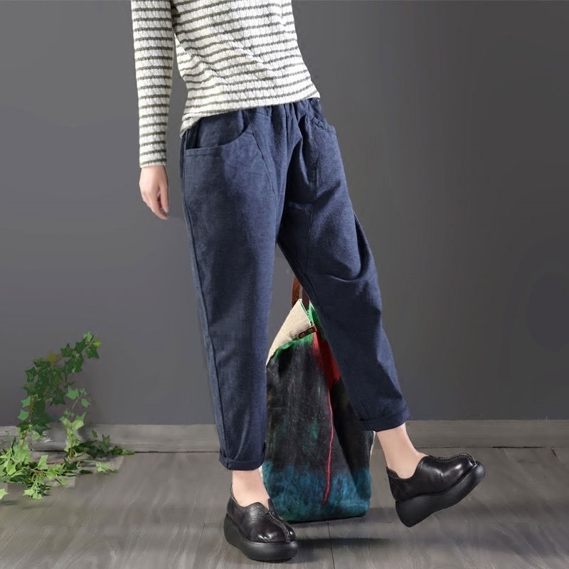 Spring Autumn Women Pants Plus Size Elastic Waist Solid Cotton Linen Harem Loose All-matched Casual Trousers Femme D154 210512