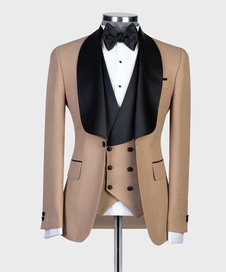 Newest One Button Groom Polyester Tuxedos Red Shawl Lapel Slim Fit Mens Wedding Suits Formal Party Prom Suit Custom Made(Jacket+ Vest+Pants)