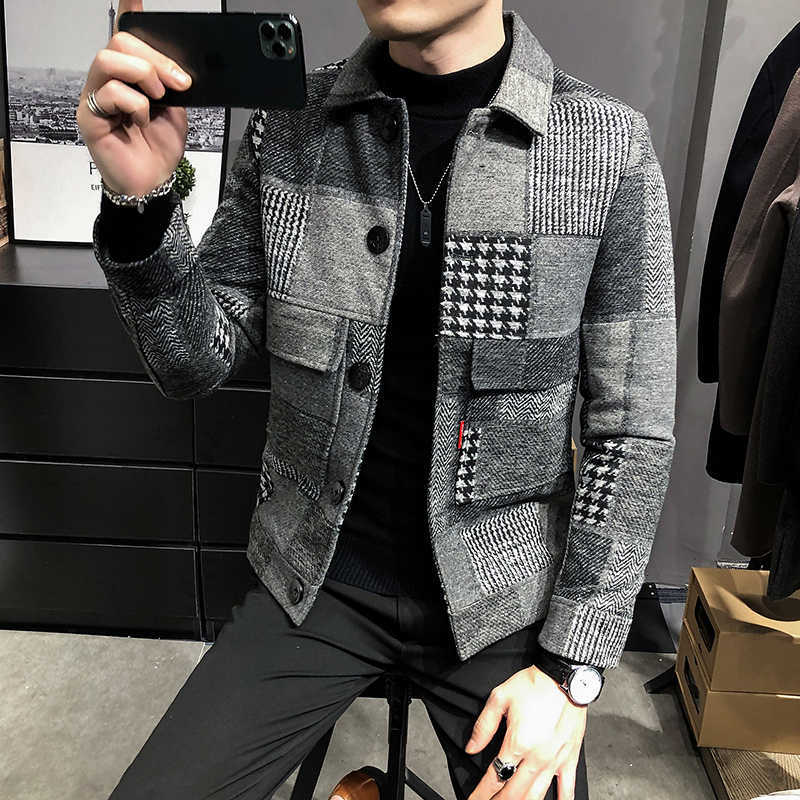 Autumn and Winter Fashion Men's Casual Lapel Hoodless Jacket / Male Slim Plaid Woolen Coat 211009