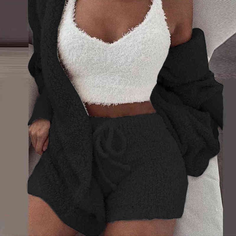 3PCS Pajama Set Women Sexy Fluffy Suit Velvet Plush Robe Soft Warm Sleeveless Sweater Loungewear Pijamas Mujer Sleepwear 211215