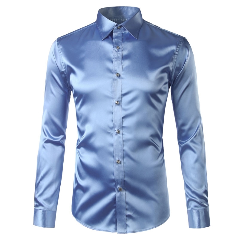 New Silk Satin Shirt Men Business Weedding Club Party Prom Dress Shirts Mens Slim Fit Long Sleeve Tuxedo Shirt Male Camisas 210410