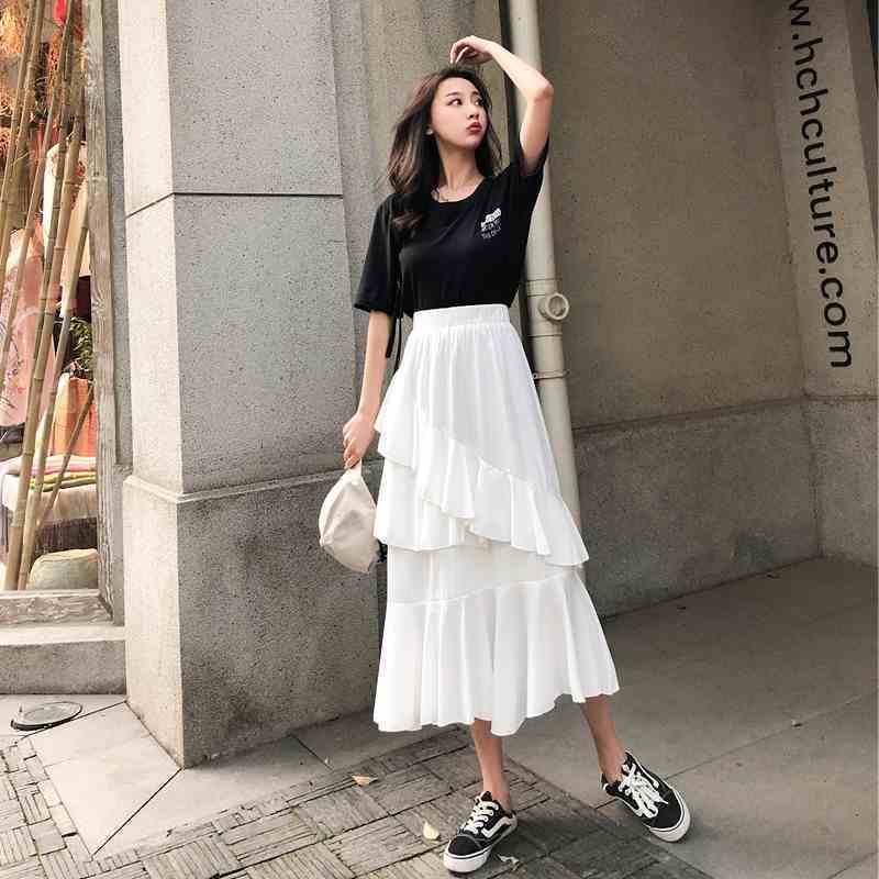 Ruffles A-line Solid High Waist Women Korean Chic Spring Long Skirts All Match Elegant Faldas Fashion 15535 210415
