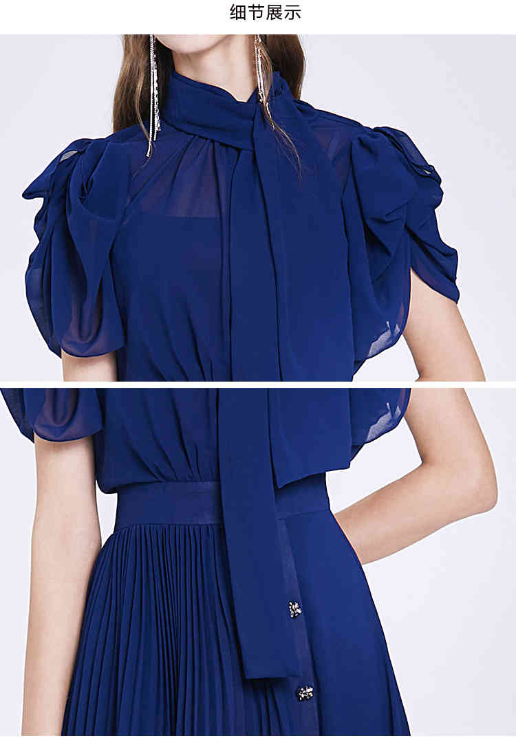 Vintage Elegant Bowknot Collar Pink Summer Chiffon Pleated Midi Long Dress Retro Office Lady Work with Button 210506