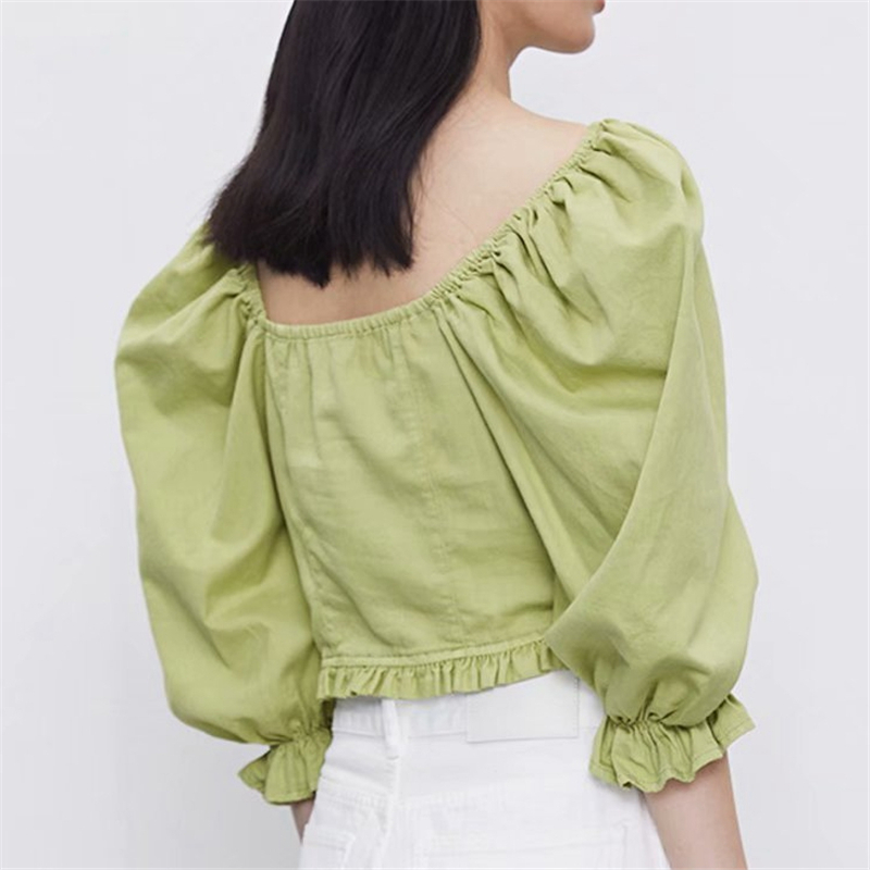 Elegant Women Square Collar Shirts Fashion Ladies Ruffles Drawstring Short Tops Sweet Female Chic Puff Sleeve Blouses 210430