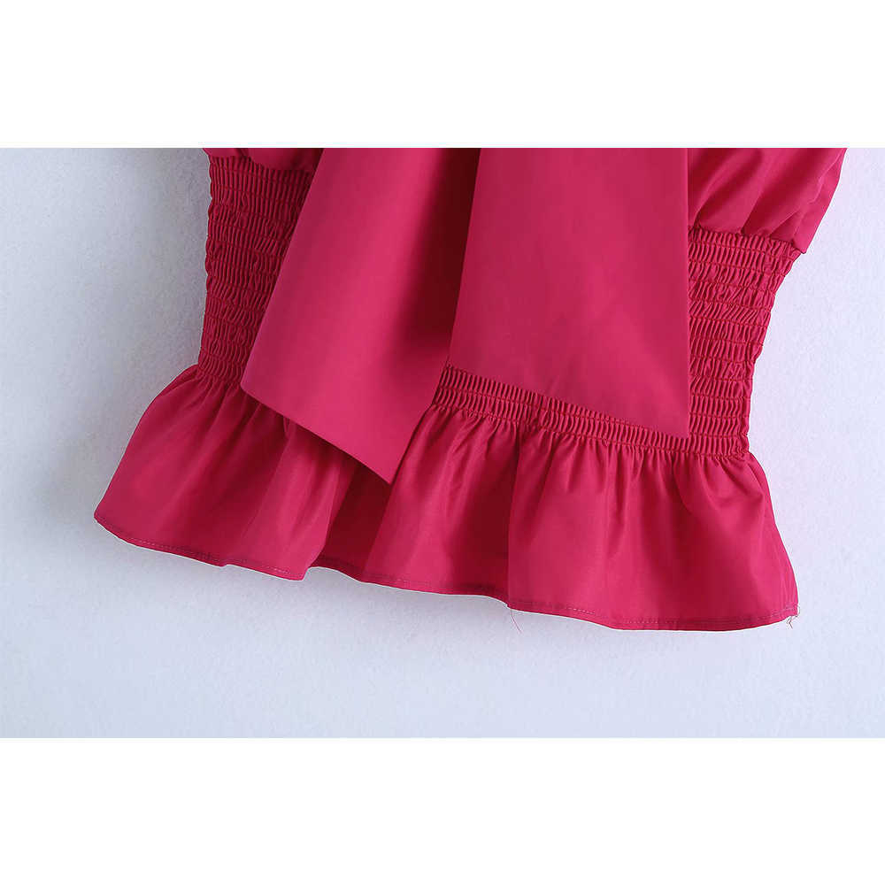 Women Summer Poplin Top with Bow Smocked Elastic Ruffled Hem Casual Fashion Sleeveless Woman Top 210709