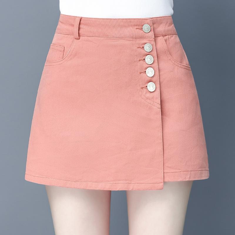 Summer 2021 Spring Womens Irregular Beige Black Denim Shorts Skirts , Korean Style Causal Button Jeans Skirt For Woman Women's