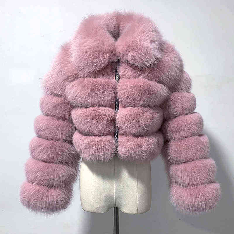 r982 Winter Woman's Fashion Short Style Slim Fit Zipper Real Fur Bomber Jacket 211111