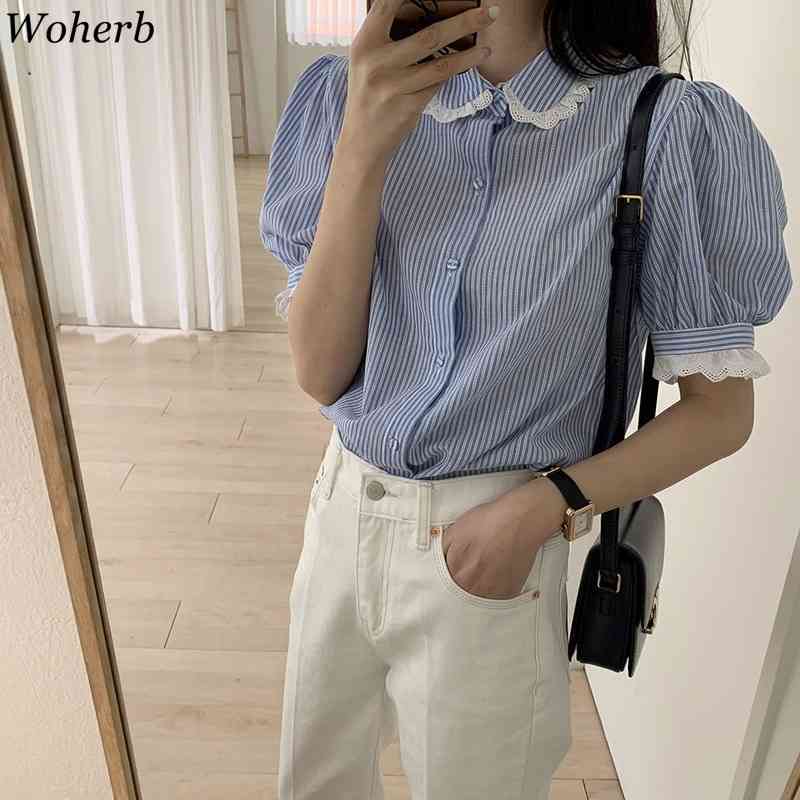 Blusas Striped Lace Tops Women Sweet Kawaii Spring Summer Short Puff Sleeve Blouses Casual All Match Fashion Shirts 210519
