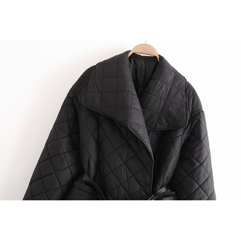 Winter Lapel Quilting Plaid Stay Warm Parka Coat With Belt Women Extra long Trench Jacket Outerwear Elegant Black 210429