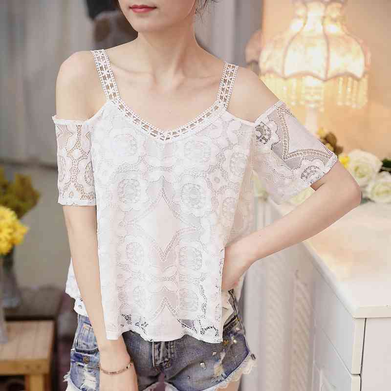 Women's Clothing Summer Fashion V Collar Sexy Strapless Women Tops Short Sleeve Hollow Lace Blouse Loose Blusas 0120 30 210506