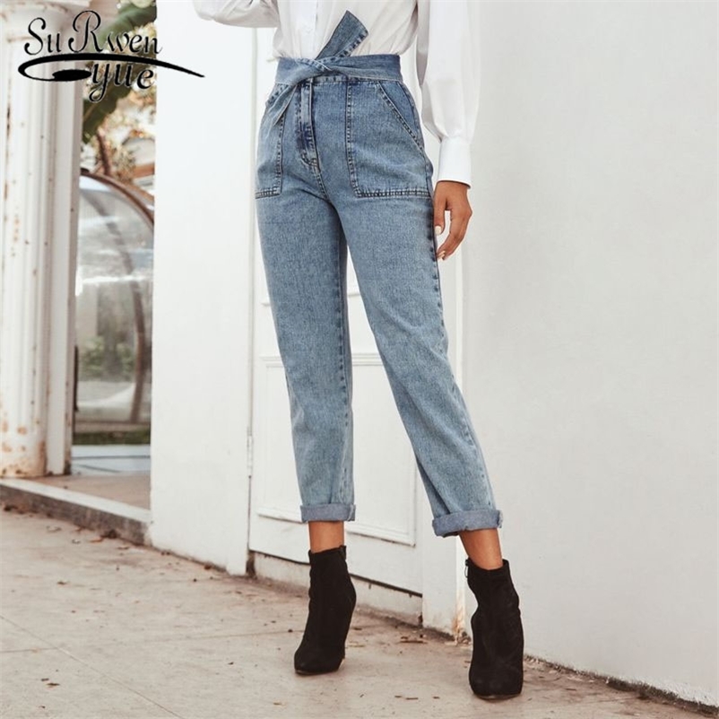 High Waist Jeans Woman Casual Women Autumn Straight Denim Trousers Blue Vintage Loose Office Lady Clothes 10520 210510