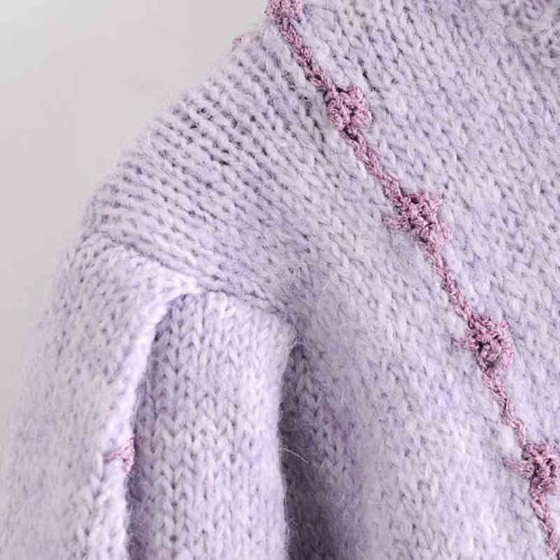 Casual Woman Purple Lace Collar Sweater Fashion Ladies Autumn Lantern Sleeve Knitted Top Female Sweet Embroidery Tops 210515