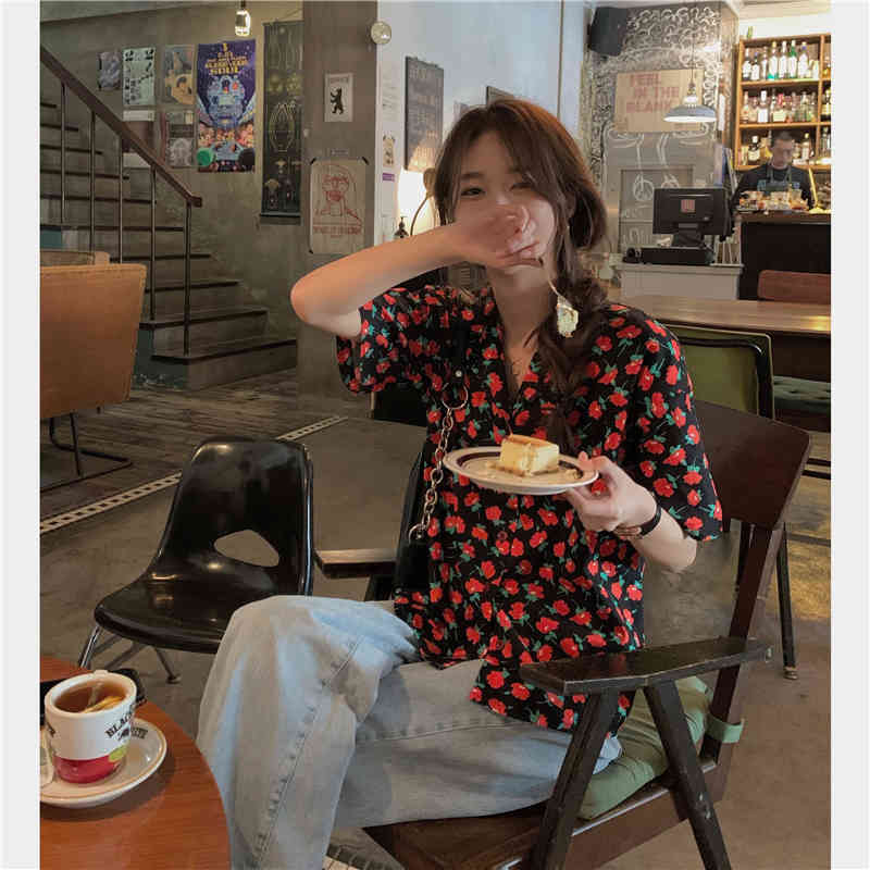 korean style Floral short sleeve blouse women Notched Collar Chiffon blouses loose summer tops (K8130) 210423