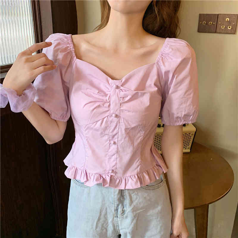 Blouse Women Blue Square Neck Puff Sleeve Crop Tops Short Sweet Fashion Girls Blusas Mujer Japan Style Preppy Solid 210429