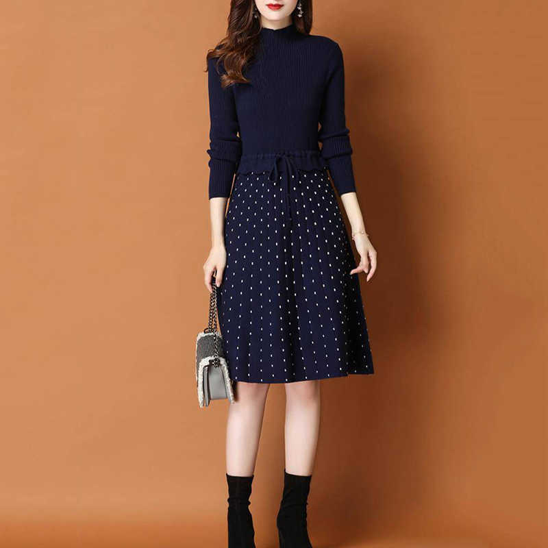 Chic Long Knit patchwork Women dot printed Sweater Dress Thick Warm Winter Dress Female Rib Turtleneck A Line Dress Office Lady 210729