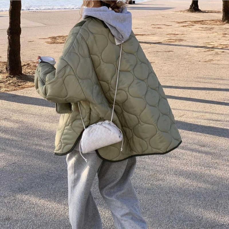 Autumn Winter Women's Loose Jackets Thin Parka Oversize Coats Round Neck Outwear Female Long Sleeve Cotton Clothing 211018
