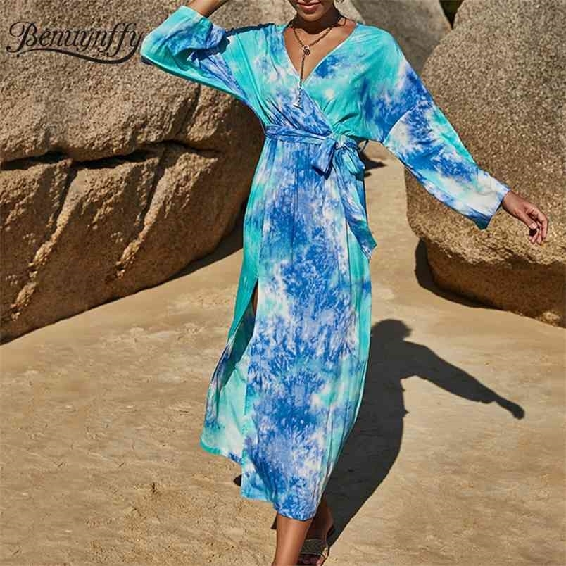 Surplice Neck Tie Dye High Split Long Dresses Women Summer Vacation Casual Waist Drop Sleeve Belt Dress 210510