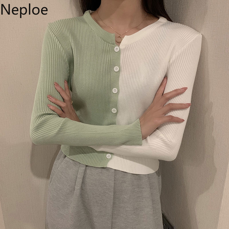 Neploe Contrast Color Sweaters for Women Knitted Cropped Cardigan O-neck Long Sleeve Slim Sueter Coat Korean Chic Tops 210422