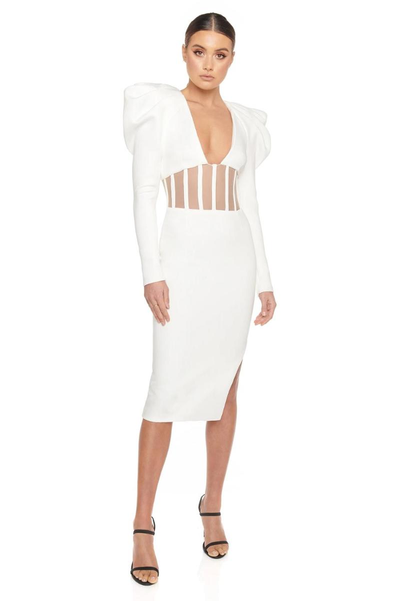 Arrival Women White V Neck Long Sleeve Bodycon Celebrity Evening Party Bandage Dress Wholesale Casual Dresses