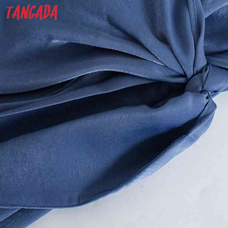Fashion Women Blue Satin Shirt Long Sleeve Office Ladies Mini Dress with Bow 5Z31 210416