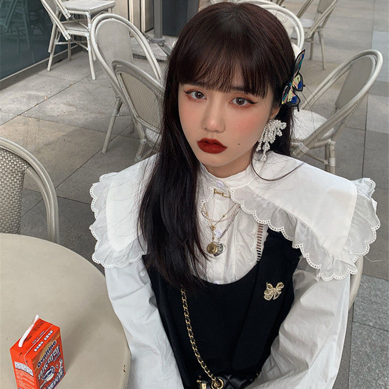 Casual White Puff Long Sleeve Sailor Collar Blouse Women Lace Ruffles Shirts + Vintage Floral Camisole Tops Sexy Plus Size 210429