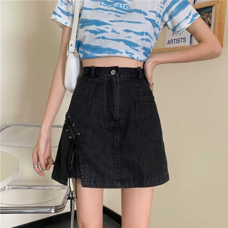Yedinas Punk Style Black Blue Solid High Waist Pencil Mini Denim Skirts Korean Pocket Jeans Skirt Harajuku A-line Ladies Jupe 210527