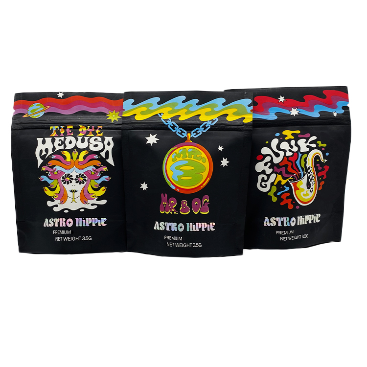 wholesale ASTRO HIPPIE mylar bags 3.5g black stand up pouch holographic film front clear window back
wholesale ASTRO HIPPIE mylar bags 3.5g black stand up pouch holographic film front clear window back