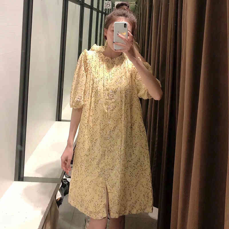 Women Loose Floral Print Chiffon Mini Dresses Summer Ruffle Pleated Shirt Dress Ladies Short Sleeve Casual Sundress 210414