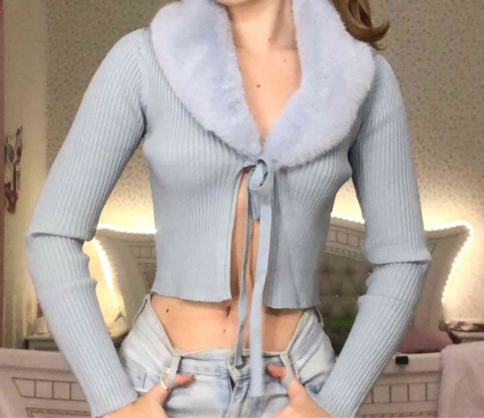 BBWM Women Sweet Fur Collar Splicing Knitting Sweater Female Lace Long Sleeve Cardigan Chic Top 211117
