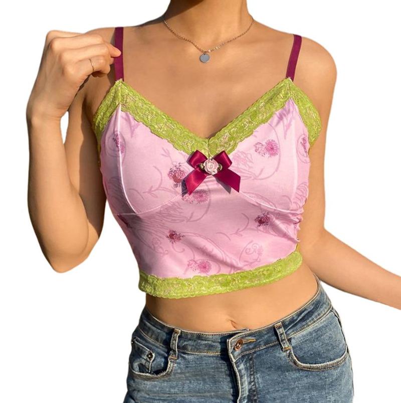 Women Sexy Camisole Adults Casual Butterfly Pattern V-neck Lace Trim Tank Top (Green) Women's Tanks & Camis