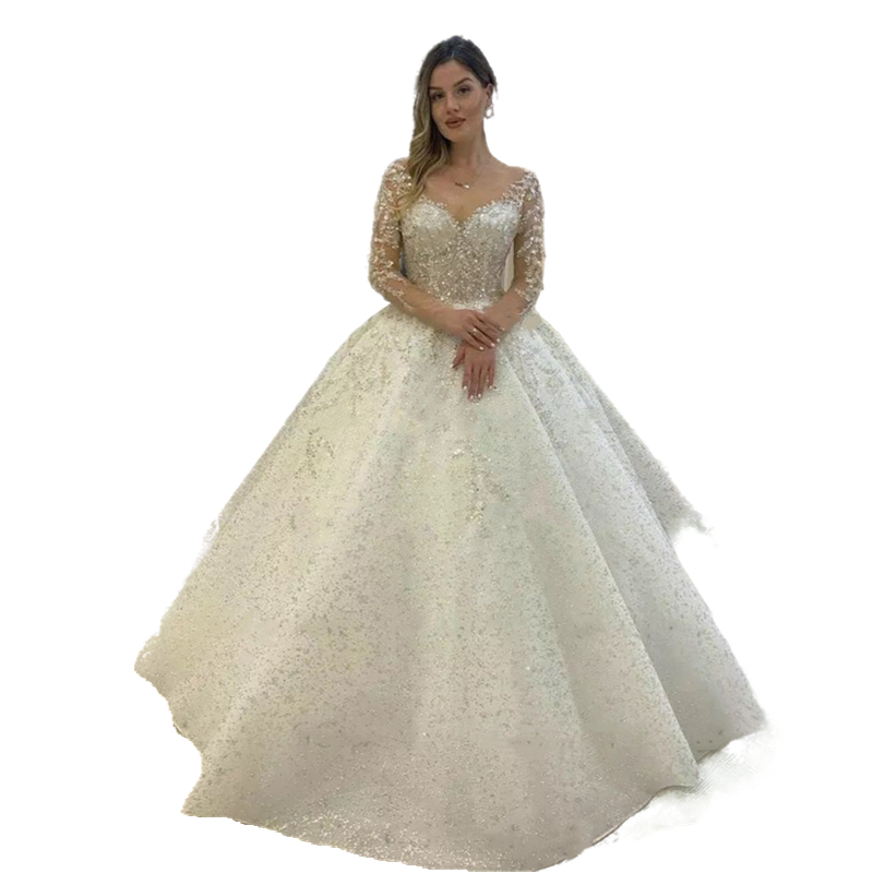 Glitter Sequins Long Sleeve Wedding Dress Crystals Beaded Luxury Ball Gown Wedding Gowns V-Neck Chapel Bridal Dresses Custom Made Robe De Mariee