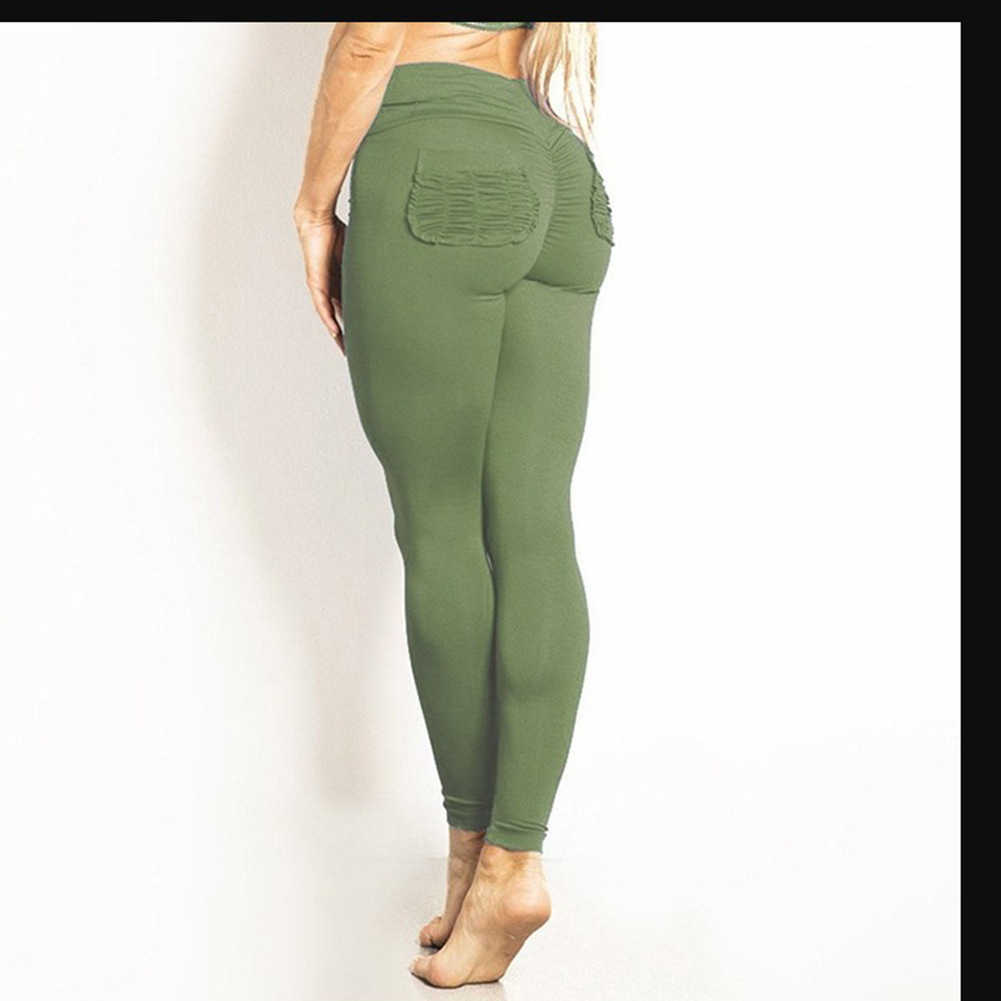Gym Workout Ruched Butt Leggings Breathable Quick-drying Pleated Pocket Elastic Waist Skinny Pencil Pantalon Noir Femme 210604