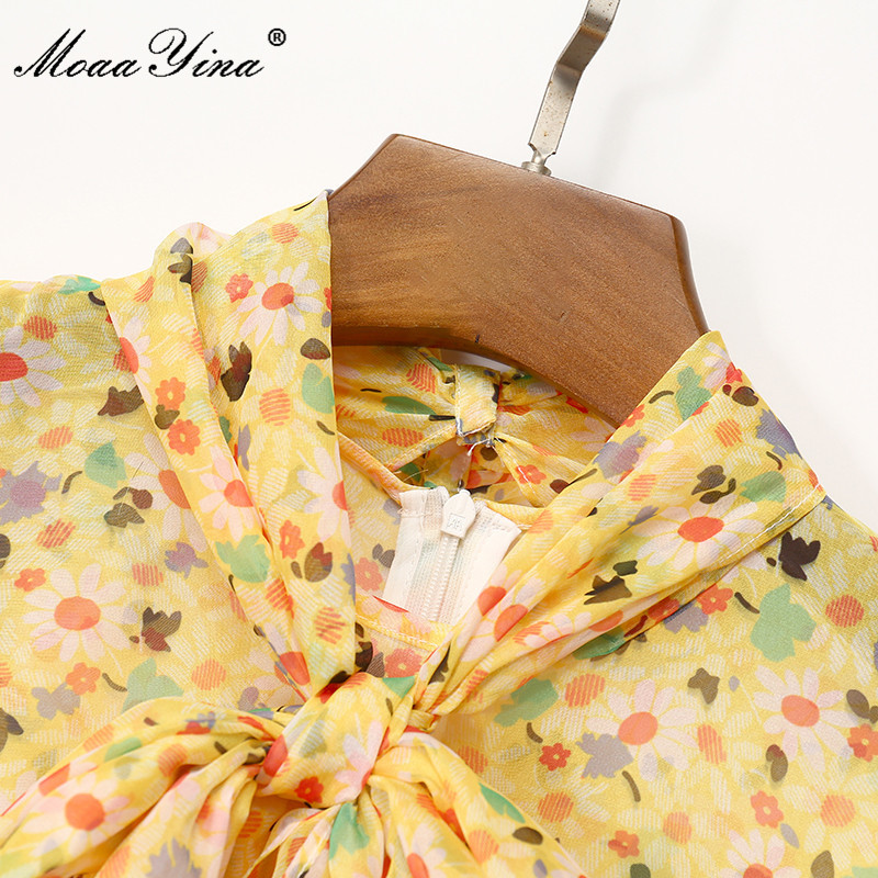 Bohemian Women's Summer Long Vacation Dress Bow tie Lantern Sleeve Floral print Chiffon Elegant Party 210524