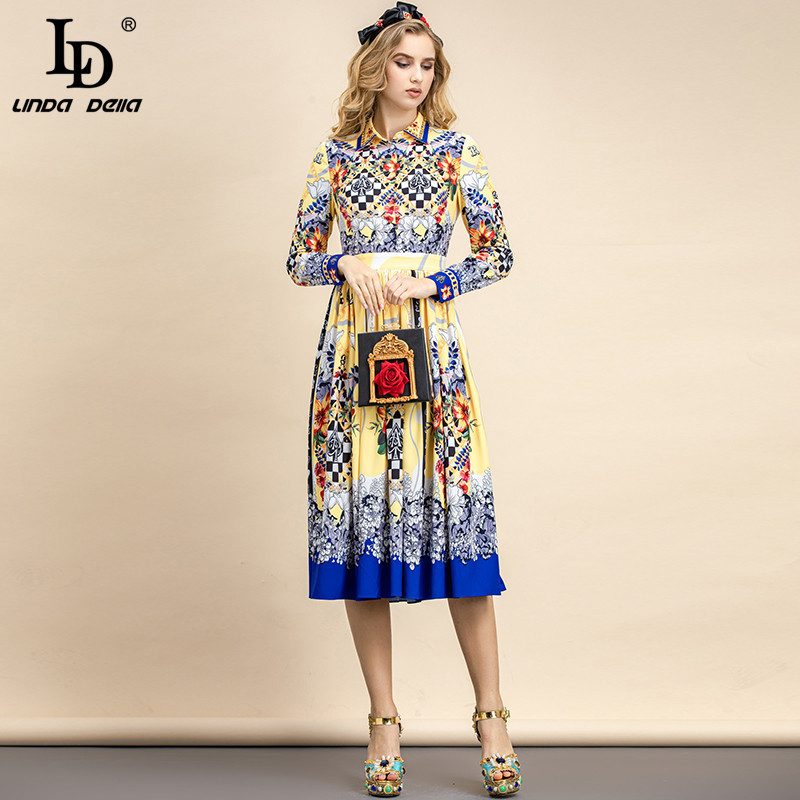 Summer Fashion Runway Vintage Party Dress Women's Long sleeve High waist Floral print Pleated Midi 210522