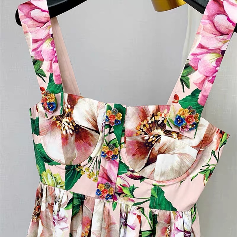 Runway Style Summer Cotton Spaghetti Strap Dress Women's luxury Button Flower Print Sexy Party Short Mini Dresses Robe 210421