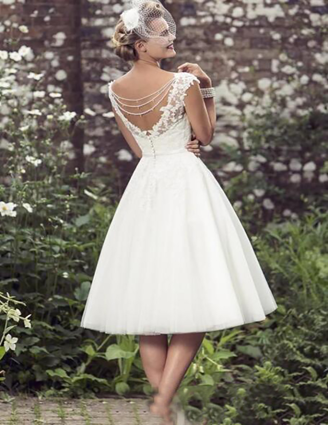 Elegant Tea-length Wedding Dress with V-neck, Cap Sleeves, Lace Appliques, and Tulle Ball Gown