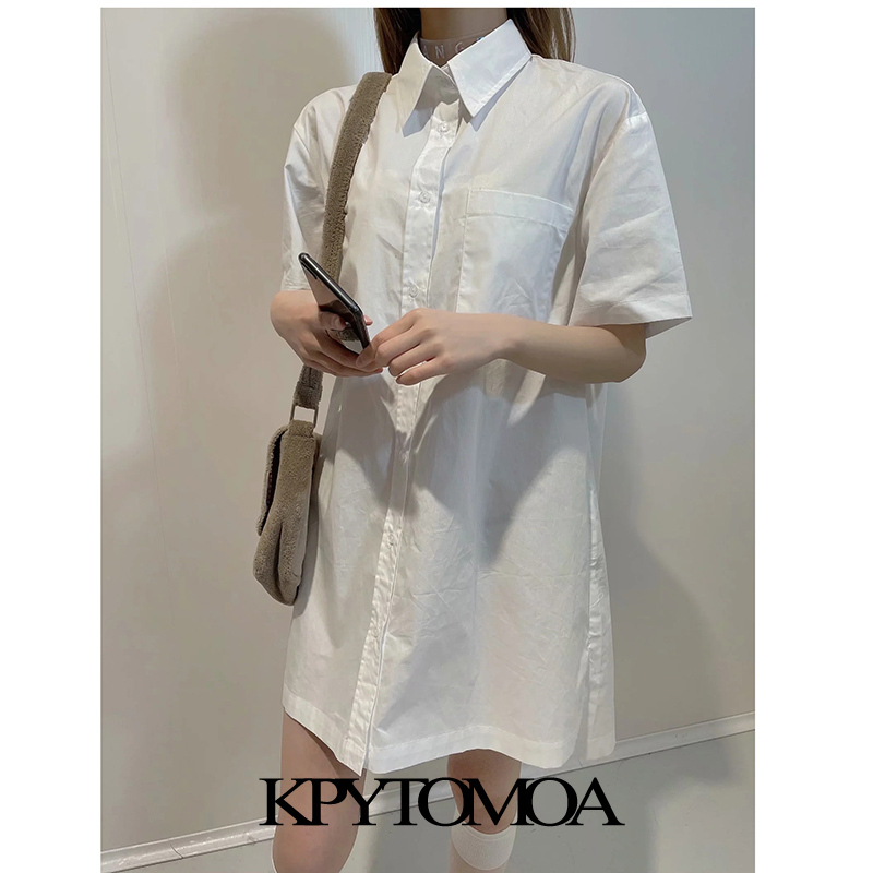 Women Chic Fashion Loose Asymmetry Poplin Mini Shirt Dress Short Sleeve Side Vents Female Dresses Vestidos 210420