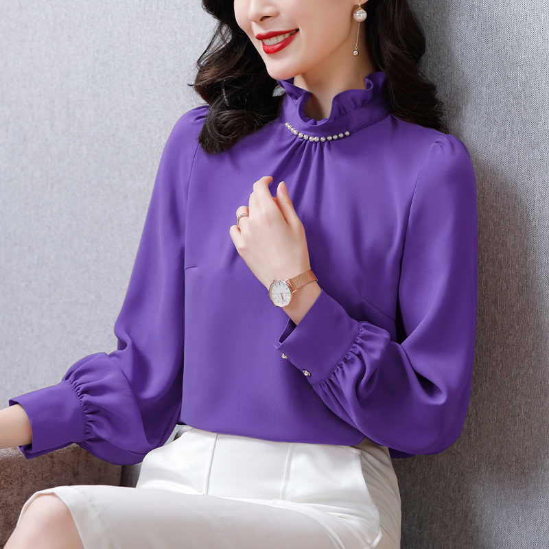 Korean Silk Women Blouses Woman Satin Beading Shirts Long Sleeve Shirt Tops Plus Size Ruffles Top 210604