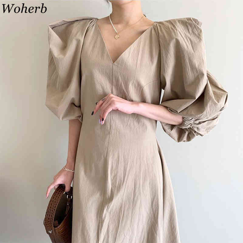 Solid Midi Elegant Office Lady Dress Women Casual Puff Sleeve Streetwear All Match Dresses Korean Chic Fashion Vestidos 210519