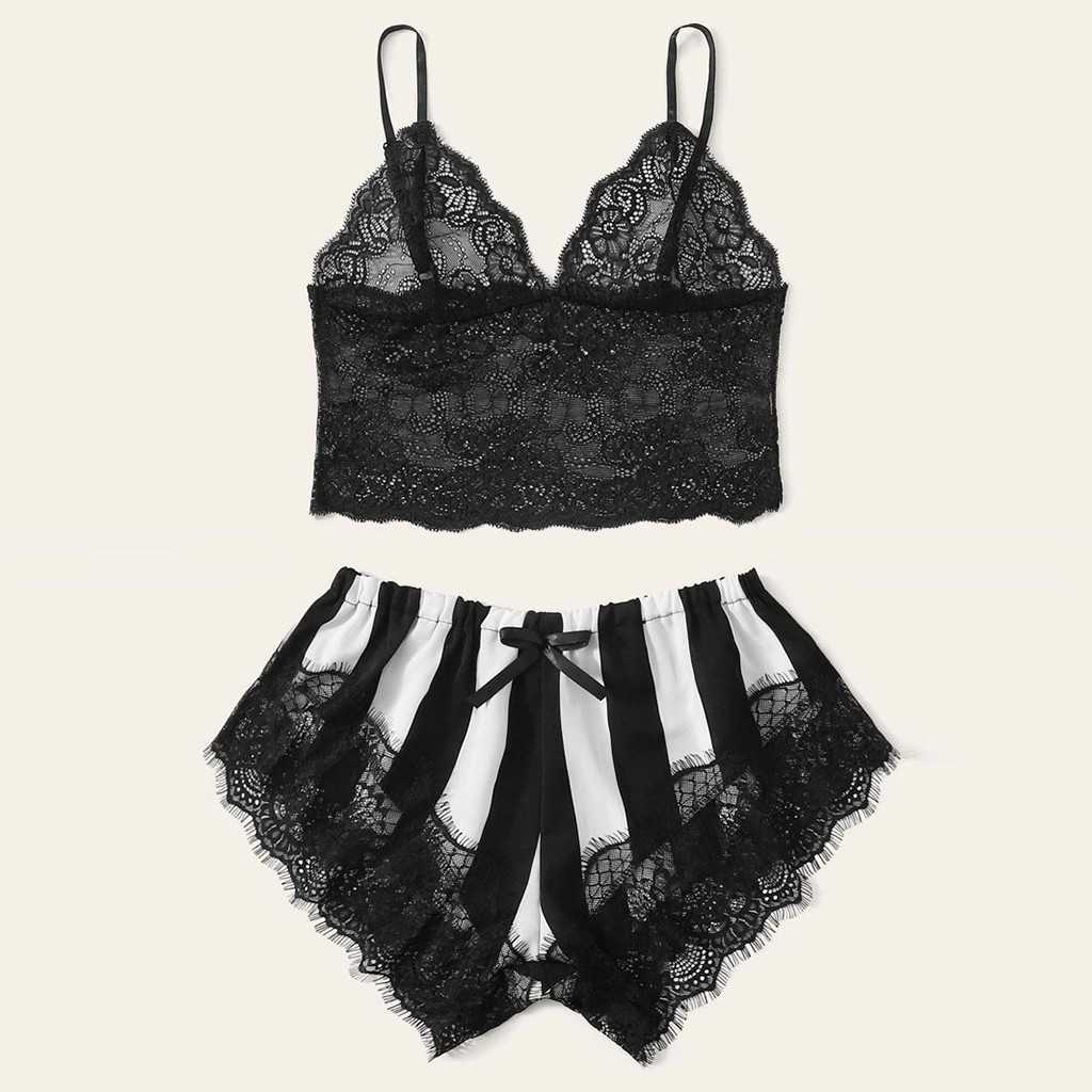 Pyjamas Women Sleepwear Women Lace Camisole Stripe Satin Shorts Set Bow Sleepwear Pajamas Lingerie Porn set Q0706