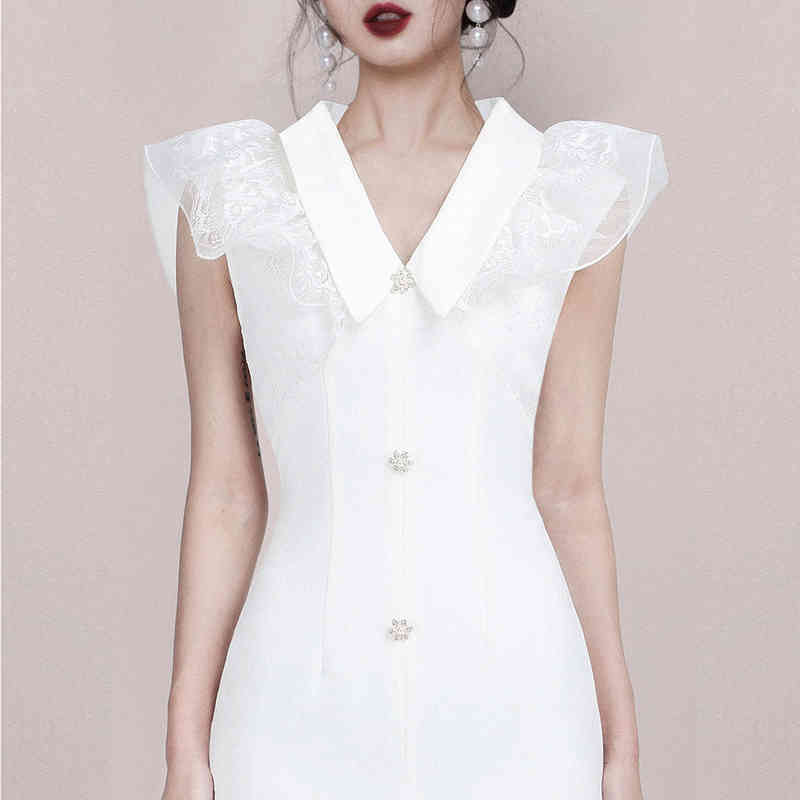 High Quality Fashion Women Office Dress V-neck Ruffles Sleeve Front Slit Party Outwear Sexy Solid White 210506